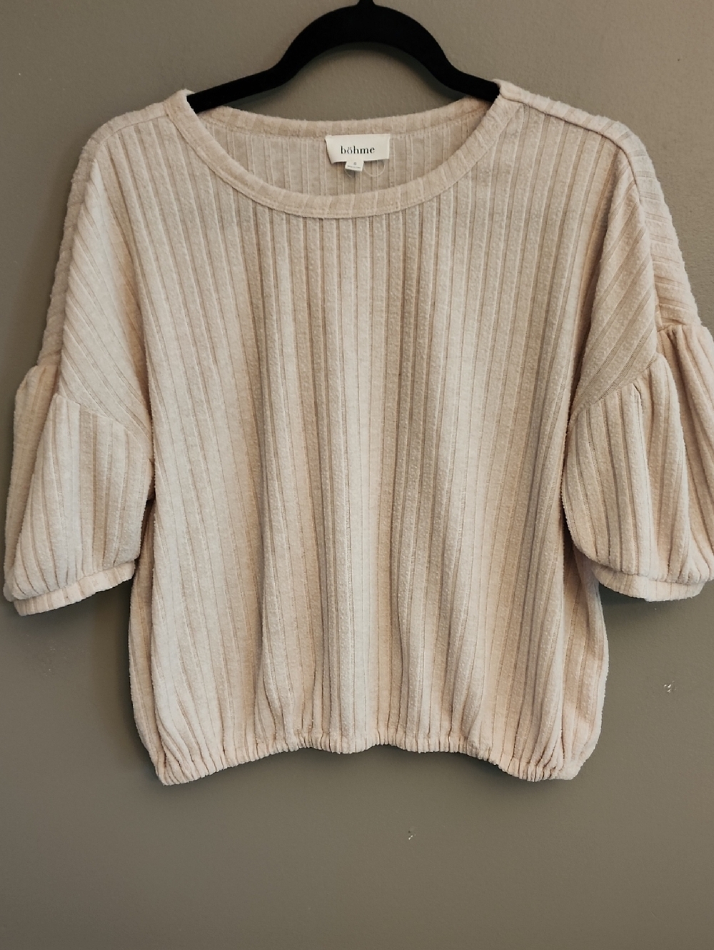 Bohme Ribbed Puff Sleeve Top - Light Beige